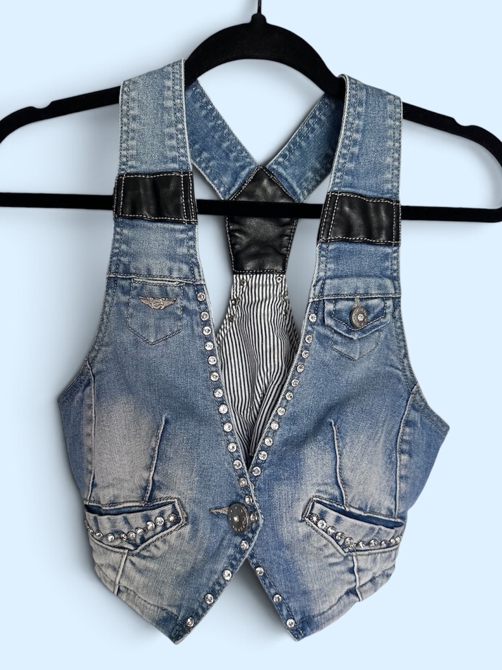 Women’s Blue Denim Studded Rhinestone Faux Leather details cropped vest
